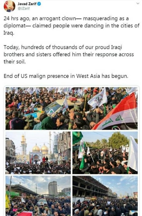 ظریف: مردم عراق پاسخِ «پمپئو»ی دلقک را دادند حمله تند ظریف به پمپئو: دلقکِ گستاخِ دیپلمات