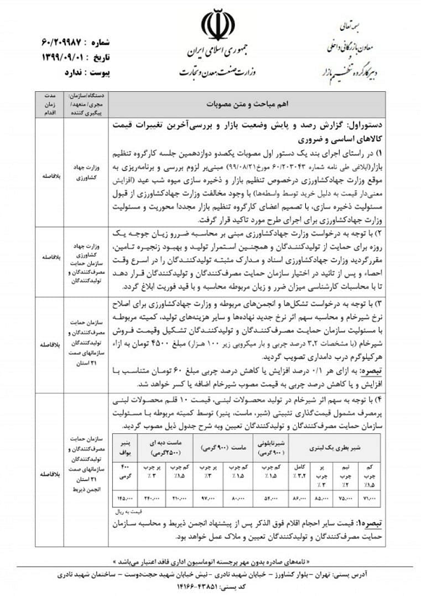 اعلام قیمت ۱۰ قلم محصولات لبنی پرمصرف اعلام قیمت ۱۰ قلم محصولات لبنی پرمصرف